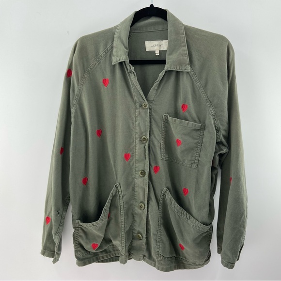 THE GREAT. Jackets & Blazers - THE GREAT. Olive Green Utility Jacket with Red Heart Embroidery